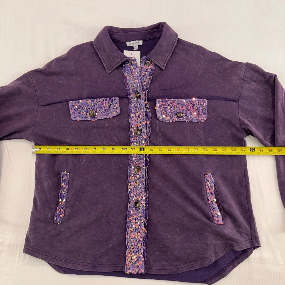 White Birch Sequin Trim Mineral Wash Shacket Womens Size S Purple Cotton Kidcore
